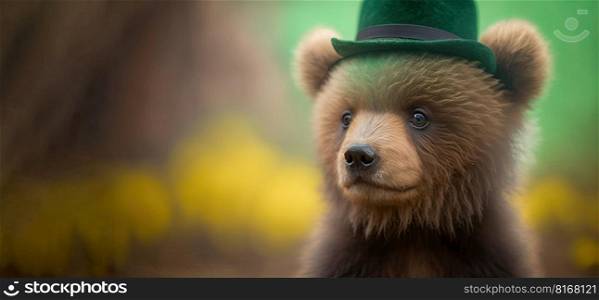 Cute bear wearing a green hat celebrating st patrick’s day. Generative AI