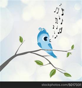 Cute bird sings on branch