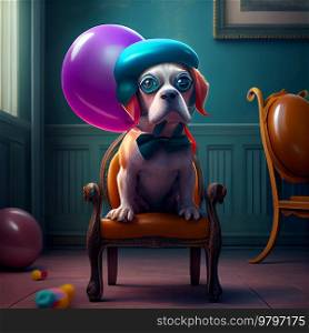 Cute Birthday Dog Sitting on Chair with Balloons. Generative AI