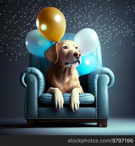 Cute Birthday Dog Sitting on Chair with Balloons. Generative AI