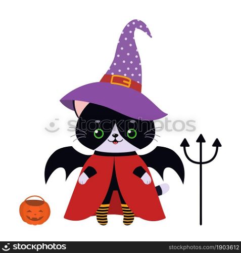 Cute black kawaii cat in cloak and hat for Halloween isolated on white background. Vector illustration. Cartoon flat style