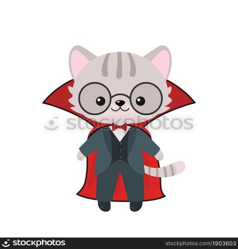 Cute black kawaii cat in cloak for Halloween isolated on white background. Vector illustration. Cartoon flat style