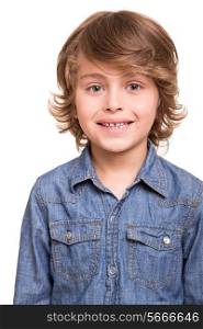Cute blond boy posing over white background