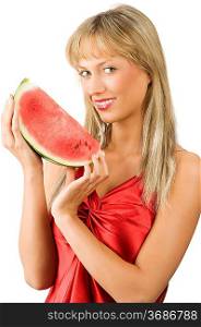 cute blond girl in red dress and red lips with a piece of water melon in the hands