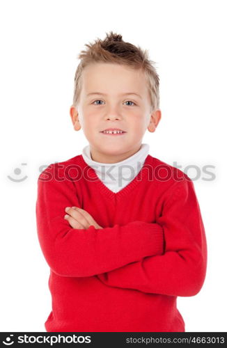 Cute blond kid with red jersey isolated on a white background