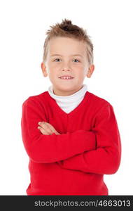 Cute blond kid with red jersey isolated on a white background