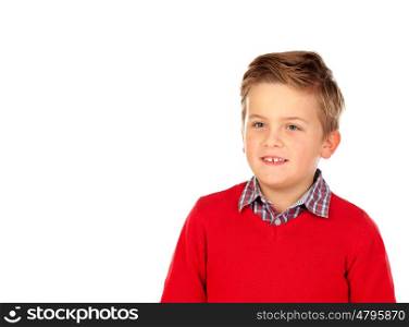 Cute blond kid with red jersey isolated on a white background