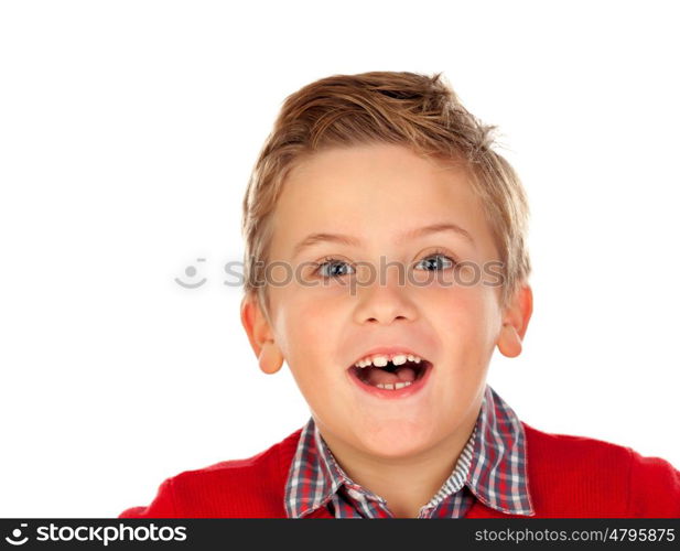 Cute blond kid with red jersey isolated on a white background