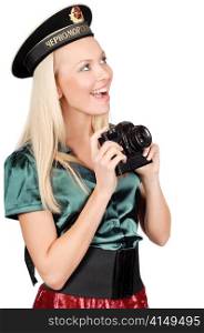 cute blond wearing black soviet military sailor cap and holding SLR camera. blond marine girl with camera