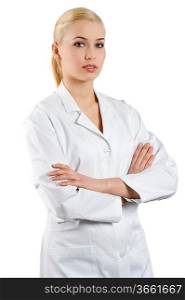 cute blond woman in white night gown as a medical doctor