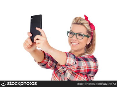 Cute Blonde Girl getting a photo isolated on a white background