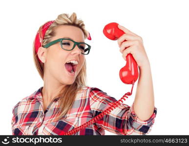 Cute Blonde Girl shouting at phone isolated on a white background