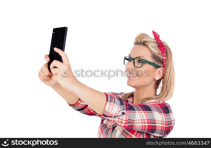 Cute Blonde Girl shouting at phone isolated on a white background