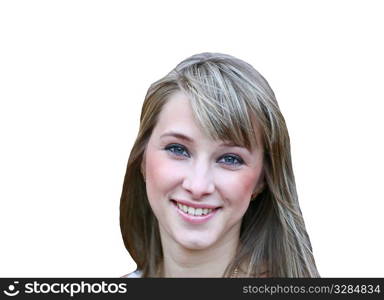 cute blonde girl smiling against white background