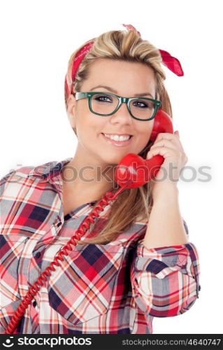 Cute Blonde Girl talking on the phone isolated on a white background