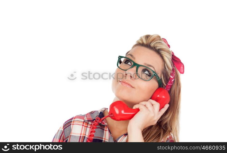 Cute Blonde Girl talking on the phone isolated on a white background