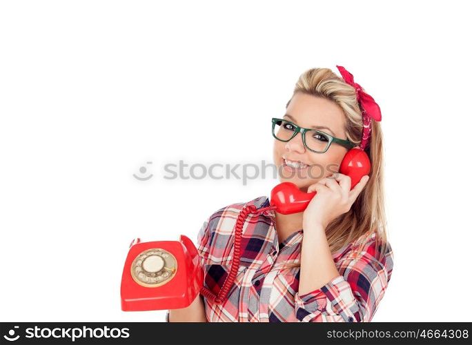 Cute Blonde Girl talking on the phone isolated on a white background