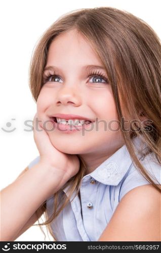 Cute blonde girl thinking over white background