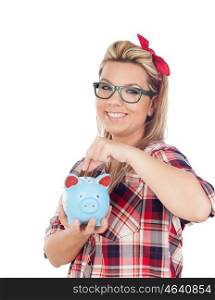 Cute Blonde Girl with a blue money box isolated on a white background