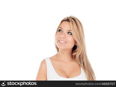Cute Blonde Girl with blue eyes thinking isolated on a white background