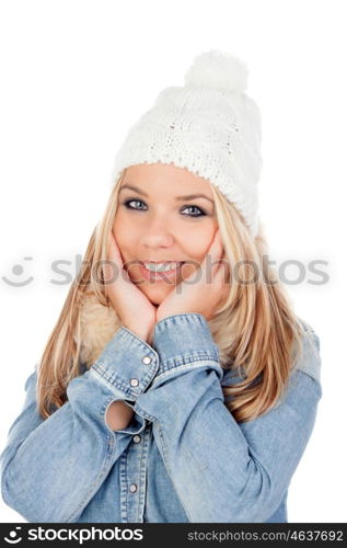 Cute Blonde Girl with coats winter clothes isolated on a white background