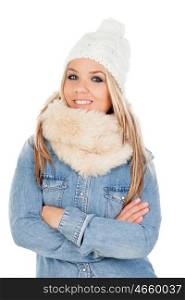 Cute Blonde Girl with coats winter clothes isolated on a white background