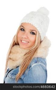 Cute Blonde Girl with coats winter clothes isolated on a white background