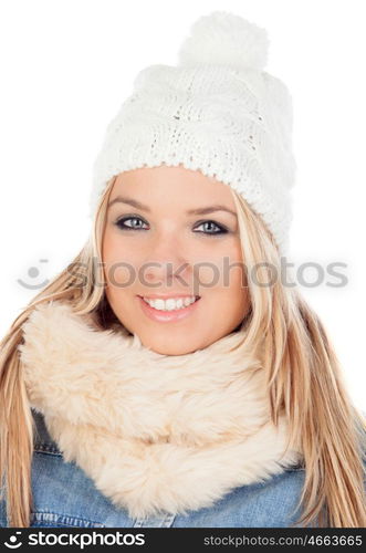 Cute Blonde Girl with coats winter clothes isolated on a white background