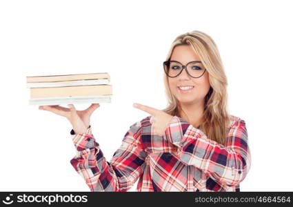 Cute blonde girl with glasses and books oh the hand isolated on a white background