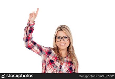 Cute Blonde Girl with glasses asking to speak isolated on a white background