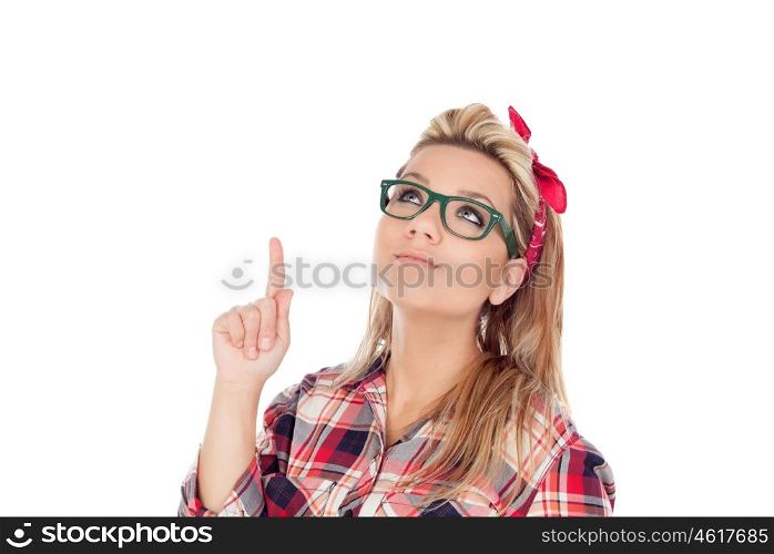 Cute Blonde Girl with glasses indicating something isolated on a white background
