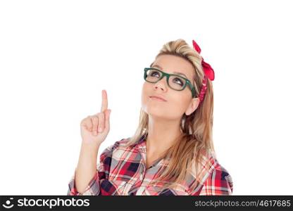 Cute Blonde Girl with glasses indicating something isolated on a white background