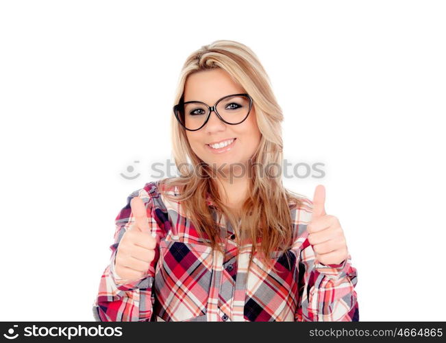 Cute blonde girl with glasses saying Ok isolated on a white background