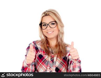 Cute blonde girl with glasses saying Ok isolated on a white background