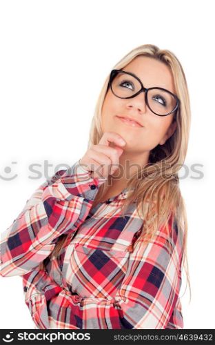 Cute Blonde Girl with glasses thinking isolated on a white background