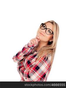 Cute Blonde Girl with glasses thinking isolated on a white background