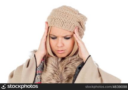 Cute Blonde Girl with headache isolated on a white background