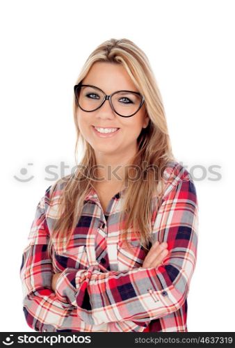 Cute Blonde Girl with plaid shirt and glasses isolated on a white background