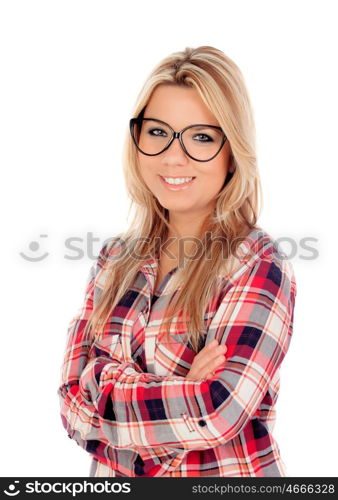 Cute Blonde Girl with plaid shirt and glasses isolated on a white background