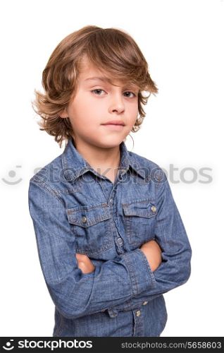 Cute blonde kid posing over white background