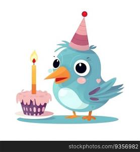 Cute blue bird with birthday cake and candle. Vector illustration.