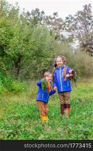 Cute boy and girl, brother and sister, are holding carrots and beets, harvesting in the garden. Freshly picked organic vegetables.. A boy and a girl are holding carrots and beets in their hands, just to gather in the garden.