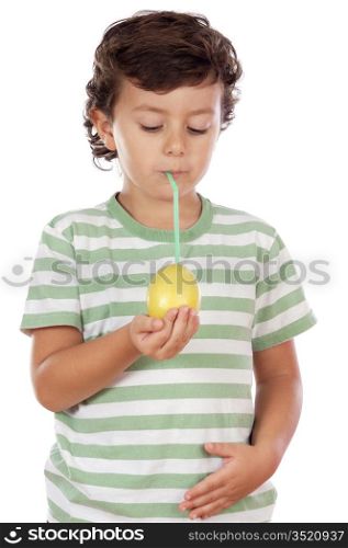 Cute boy eating lemon over a white background