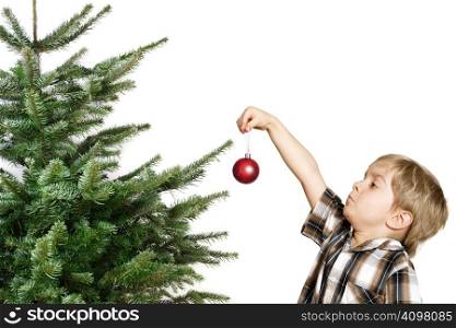 Cute boy hanging the first Christmas decoration on the tree.