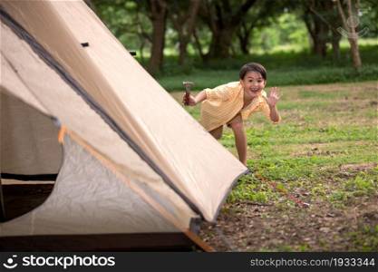 Cute boy holding hammer setting up a tent on grassy field in forest at weekend.
