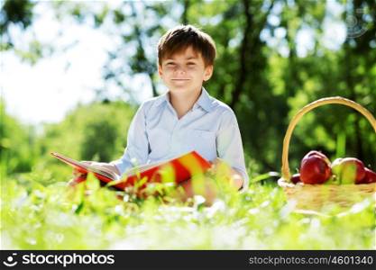Cute boy in summer park sitting on blanket and reading book. Summer weekend outdoors