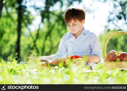 Cute boy in summer park sitting on blanket and reading book. Summer weekend outdoors