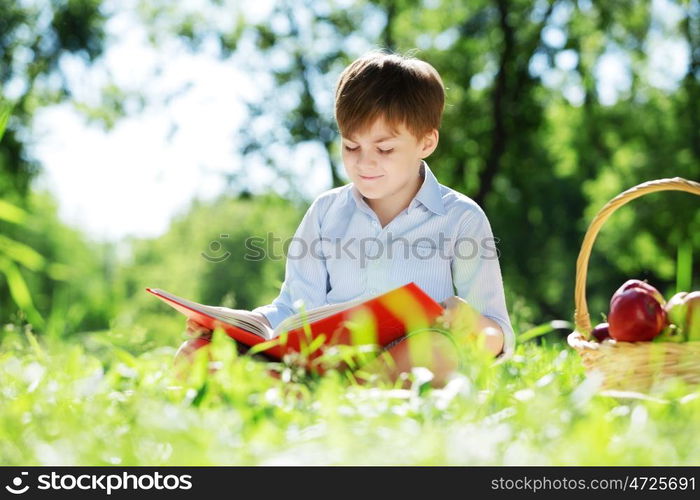 Cute boy in summer park sitting on blanket and reading book. Summer weekend outdoors