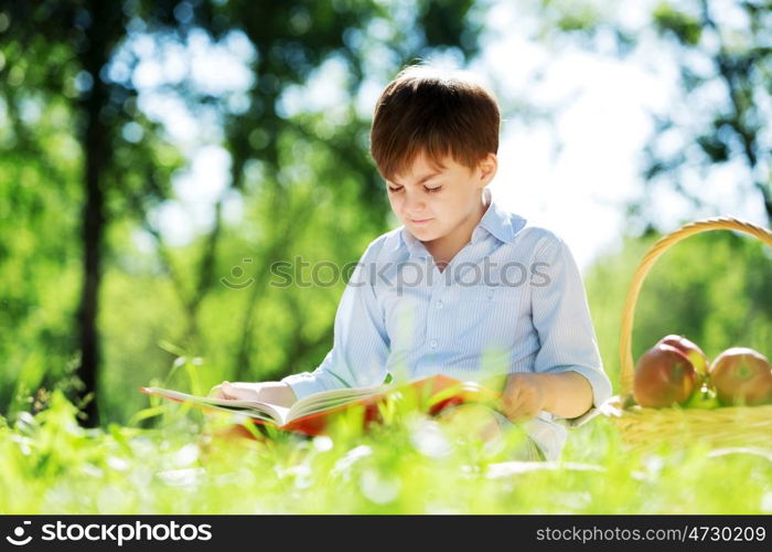 Cute boy in summer park sitting on blanket and reading book. Summer weekend outdoors