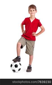 Cute boy is holding a football ball made of genuine leather isolated on a white background. Soccer ball